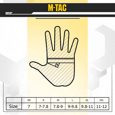 Størrelsesguide for M-Tac Handsker Scout Tactical i tommer: XS-7, S-7.8, M-9, L-9.8, XL-11, 2XL-12.