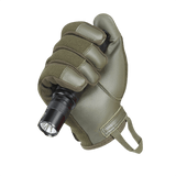 M-Tac Handsker Police i syntetisk materiale og læder, viser lukket næve med lommelygte, justerbar velcrorem på håndleddet.