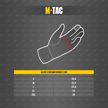 Størrelsesguide for M-Tac Handsker Assault Tactical Mk.5 med mål for omkreds af handske i centimeter.