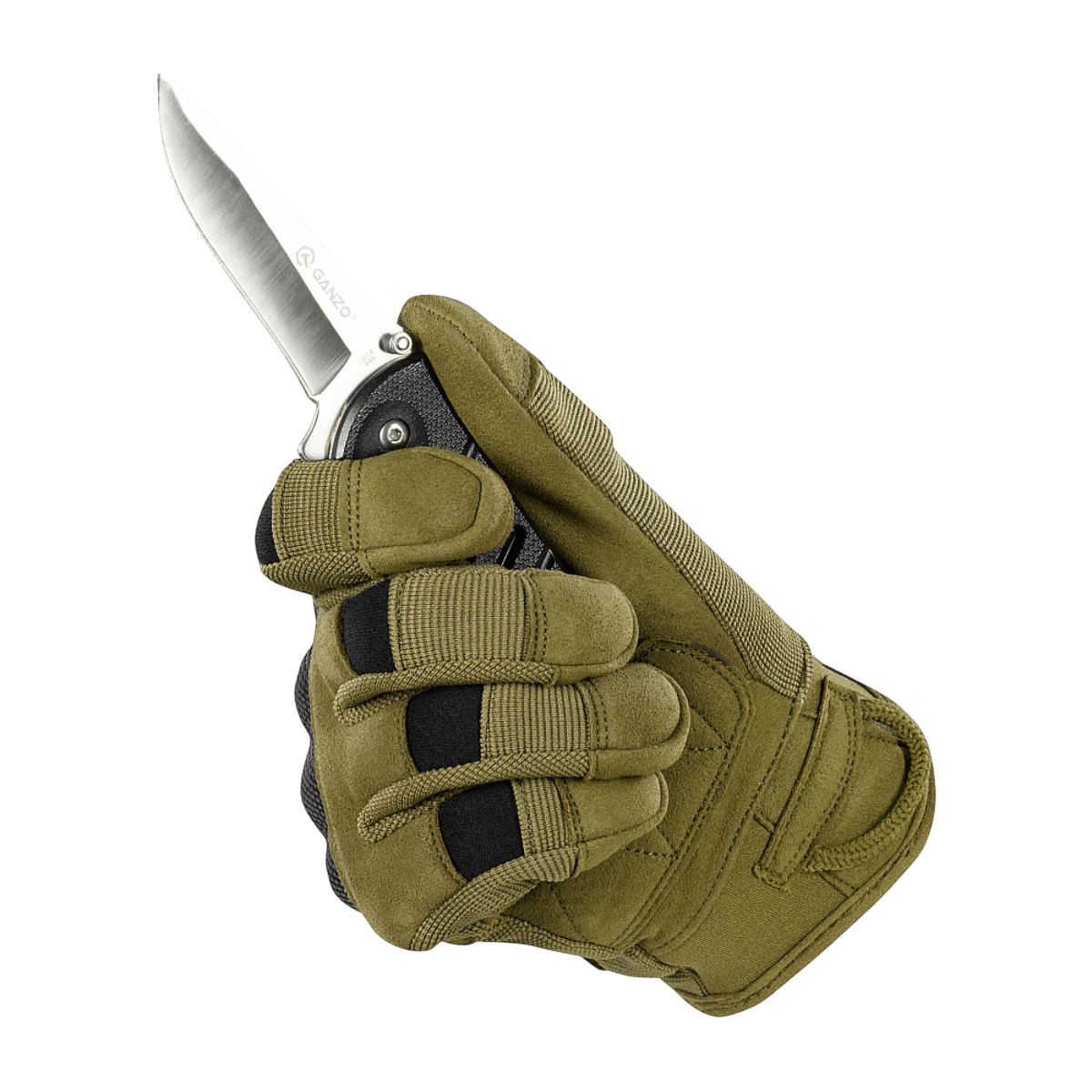 M-Tac Handsker Assault Tactical Mk.6 med kniv for sikker håndtering og beskyttelse, syntetisk ruskind og stødabsorberende kno-pads.