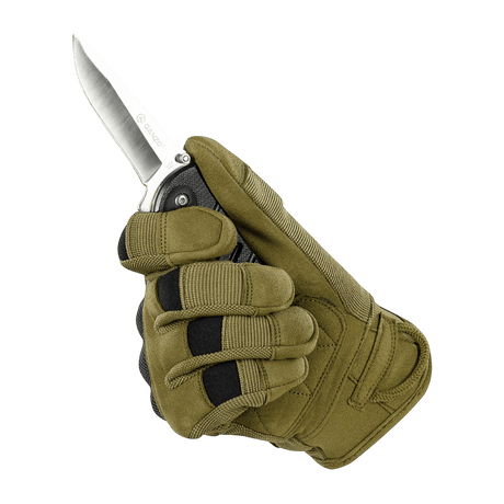 M-Tac Handsker Assault Tactical Mk.6 med kniv for sikker håndtering og beskyttelse, syntetisk ruskind og stødabsorberende kno-pads.