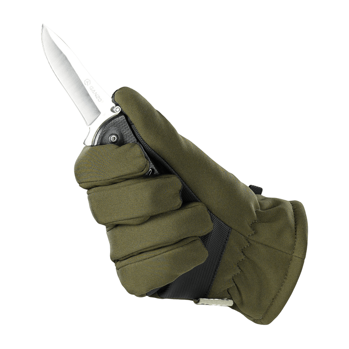 M-Tac Handsker Soft Shell Thinsulate med forstærket håndflade holder en kniv, ideel til udendørs aktiviteter i koldt vejr.