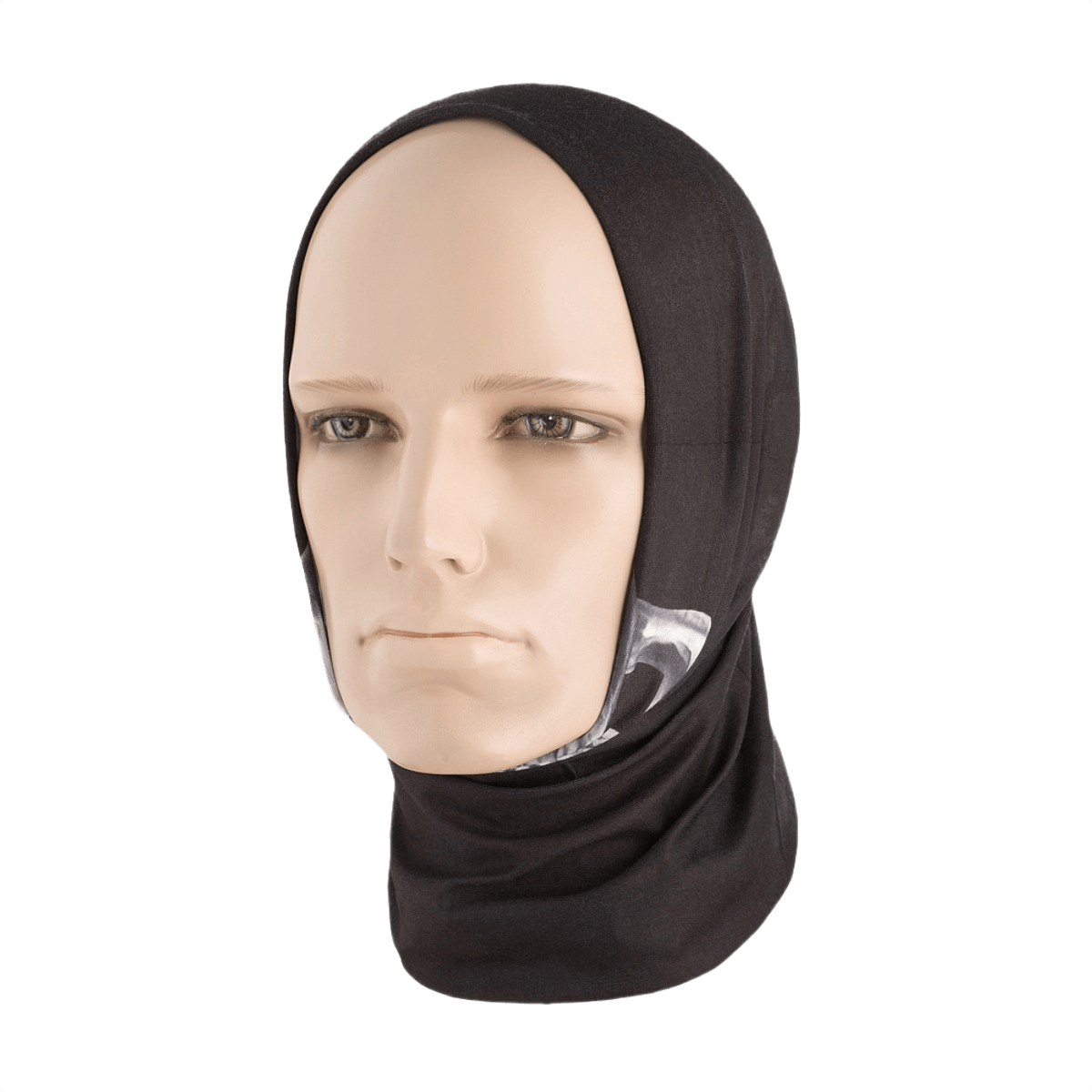 M-Tac Let Tubehalstørklæde Reaper Skull på mannequin, multifunktionelt tilbehør i sort polyester til sport og daglig brug.