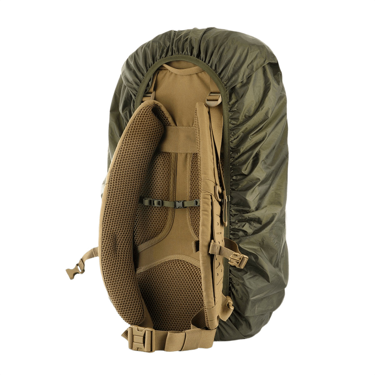 M-Tac Rygsækcover i nylon med PU-coating, beskytter mod regn og sne, passer til rygsække i forskellige størrelser, let og vandtæt.