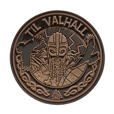 M-Tac Patch Til Valhall PVC med vikingedesign og ravne, perfekt til uniformer, tasker eller taktisk udstyr. Velcro-bagside, diameter 80 mm.
