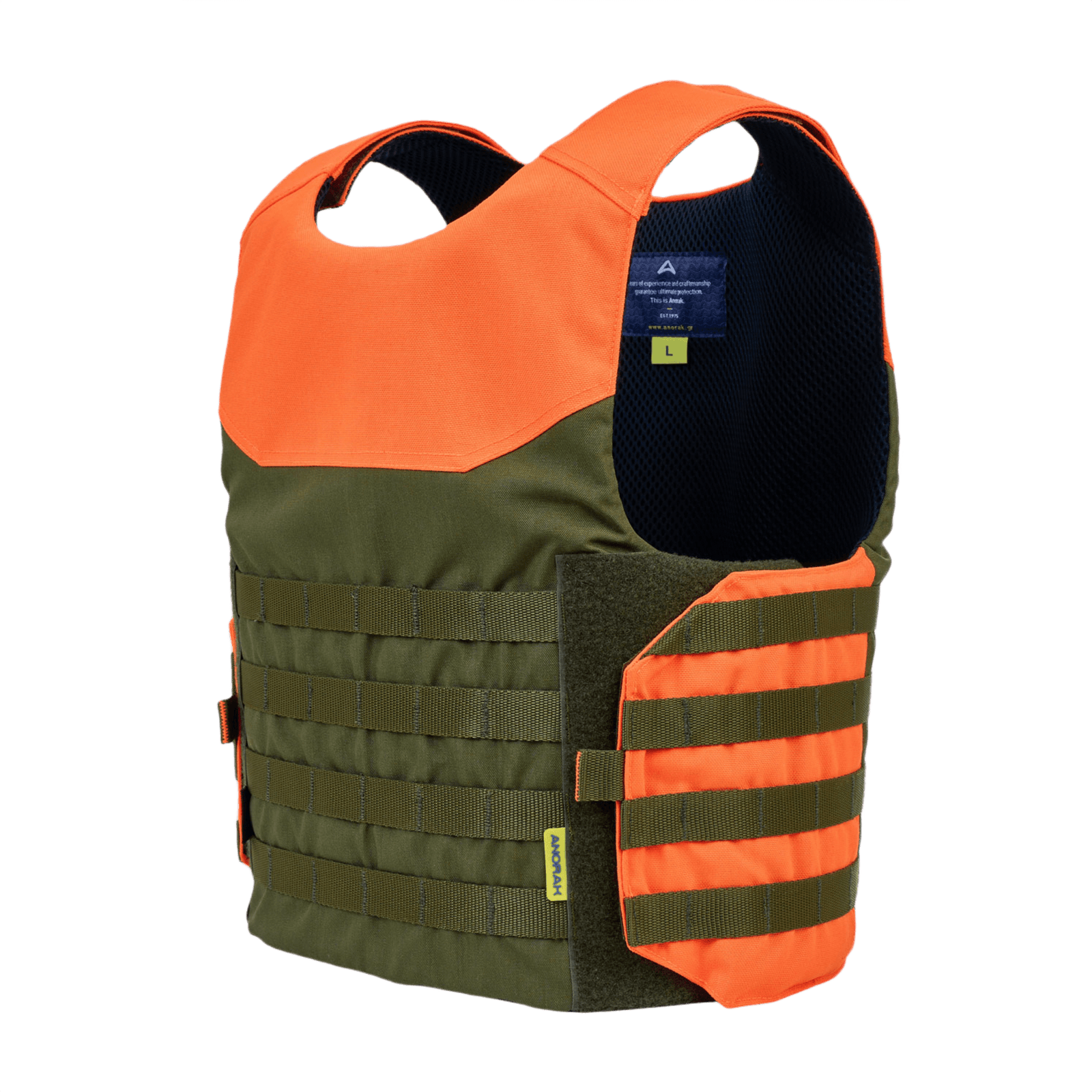 Anorak Shield I Cover i orange og grøn farve, fremstillet til sikkerhed og komfort.