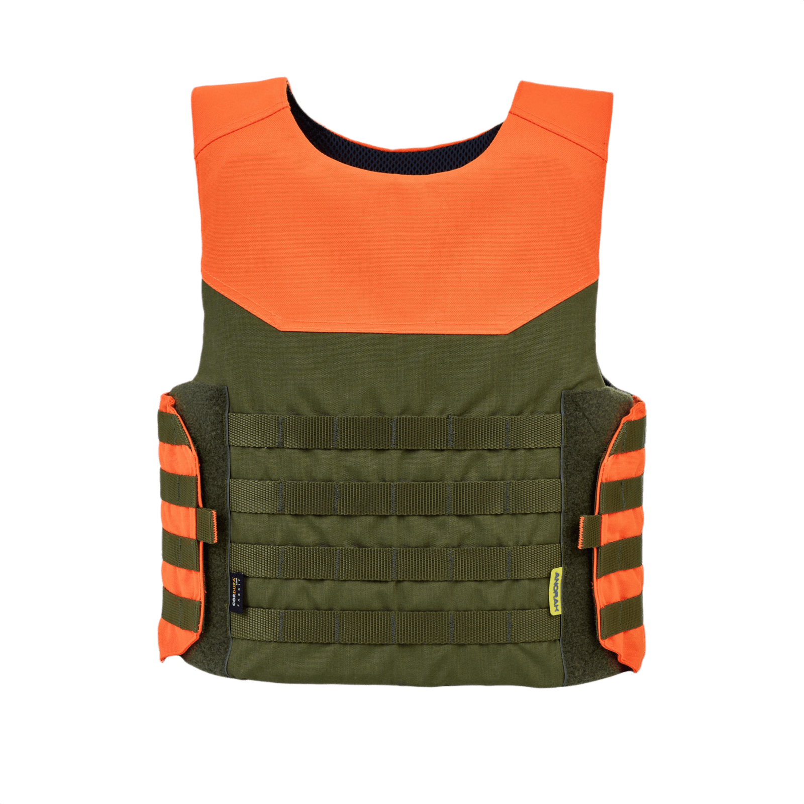 Anorak Titanium® Shield I Stik & Skudsikker Vest i grøn og orange farve, designet til optimal beskyttelse og sikkerhed.