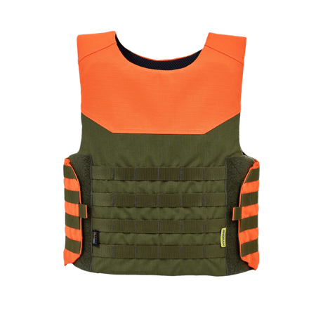 Anorak Titanium® Shield I Stik & Skudsikker Vest i grøn og orange farve, designet til optimal beskyttelse og sikkerhed.