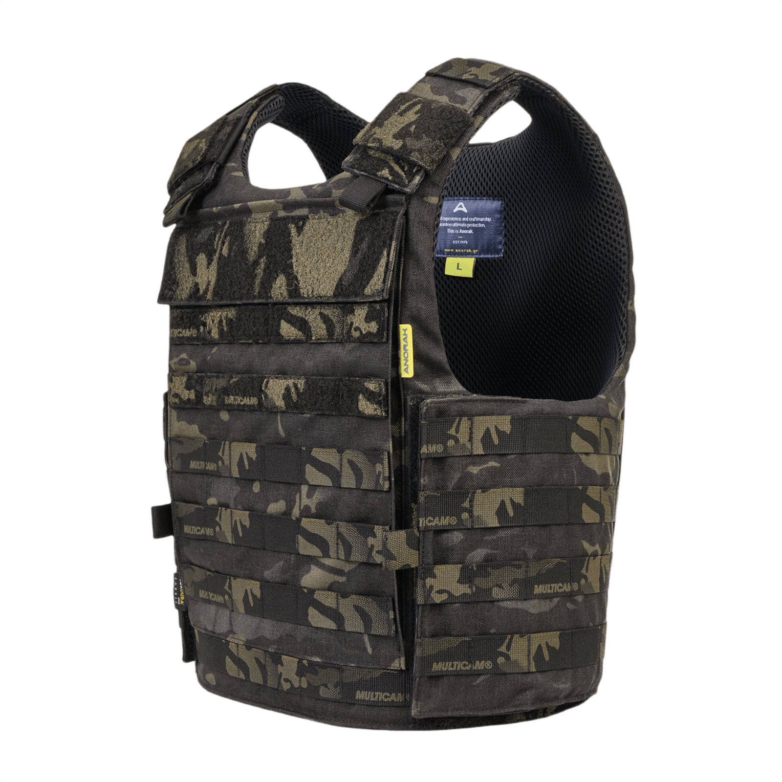 Anorak Rhodium® Tactical III MultiCam® Stik & Skudsikker Vest med NIJ 0101.06 niveau IIIA beskyttelse, sort og camouflagemønster.