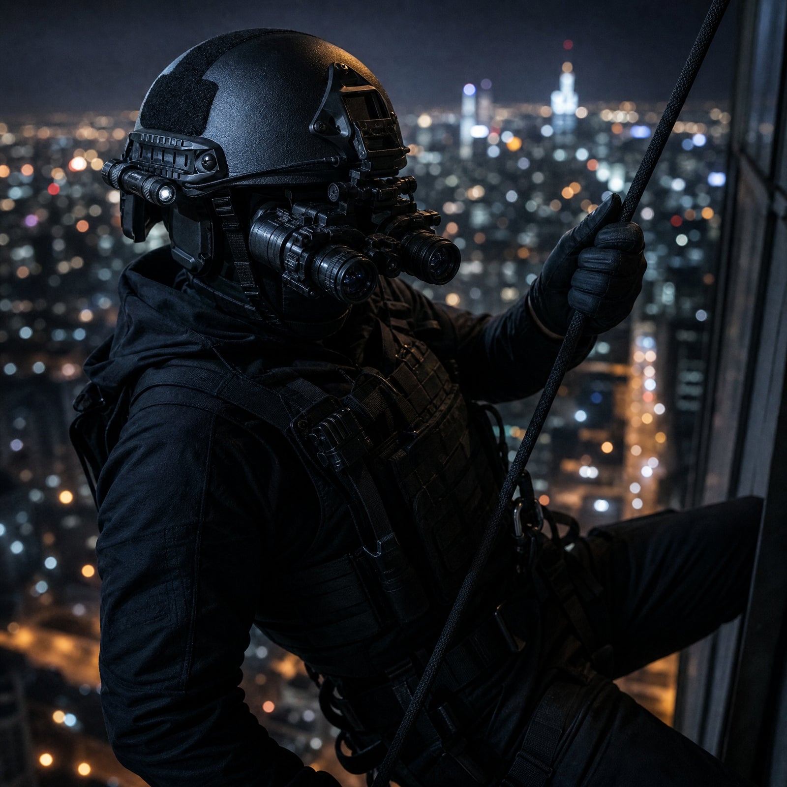 EA ARCH skudsikker hjelm med nattesynsbriller og taktisk udstyr monteret — special forces operator i aktion