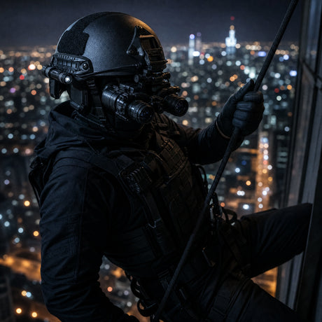 EA ARCH skudsikker hjelm med nattesynsbriller og taktisk udstyr monteret — special forces operator i aktion
