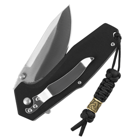 M-Tac Lanyard Skandinavisk Small Triquetra fastgjort til en foldekniv med dekorativ perle og paracord design.