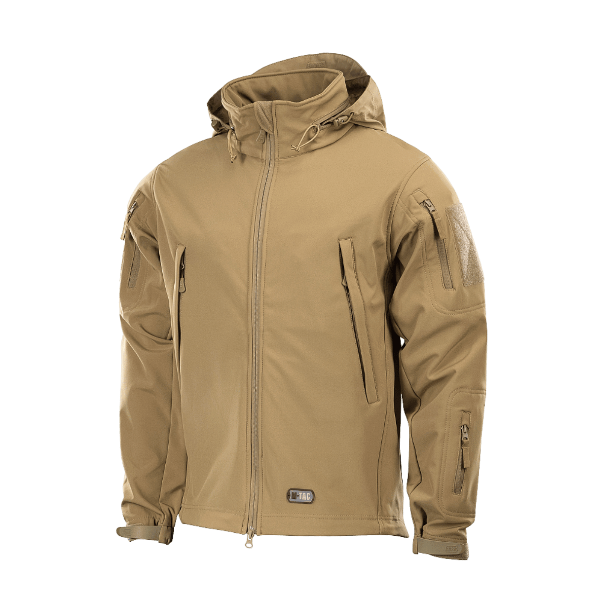 M-Tac Soft Shell Jakke i sandfarve med polyuretan-membran, beskyttelse mod vejr og tyndt fleece-lag indvendigt.