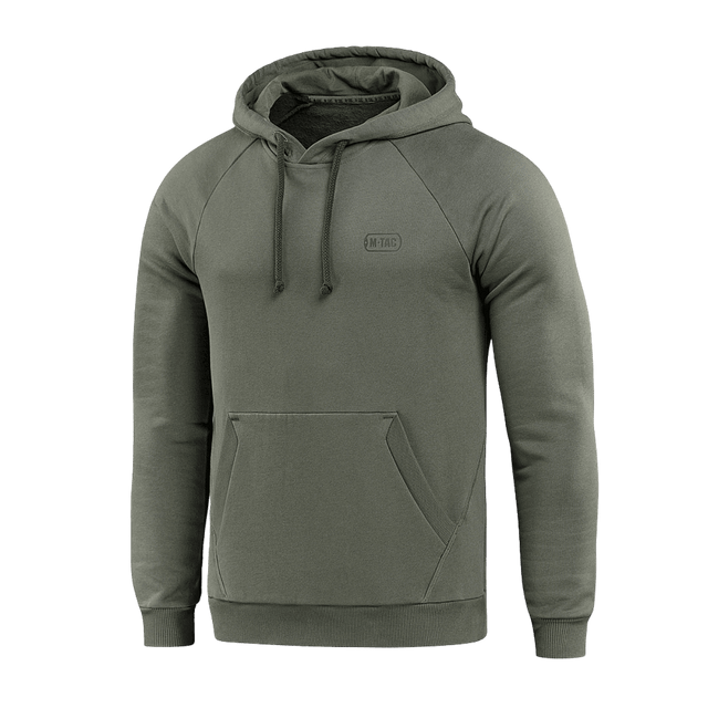 Oliven M-Tac Hættetrøje Cotton Raglan med raglanærmer og kængurulomme, ideel til hverdagsbrug og aktiv livsstil, 100% bomuld.