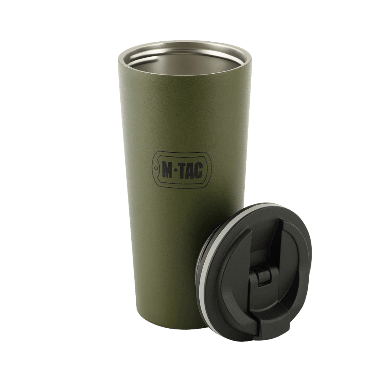 M-Tac Termokop 450 ml med Ventil i rustfrit stål, åben med låg ved siden af, designet til at holde drikkevarer varme eller kolde.