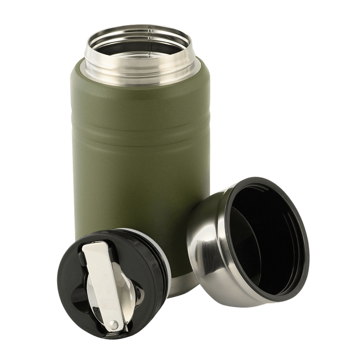 M-Tac Termoflaske 750 ml med Folde-ske i robust design, ideel til camping og vandreture. Dobbeltvæggede rustfrit stål for langvarig varme.