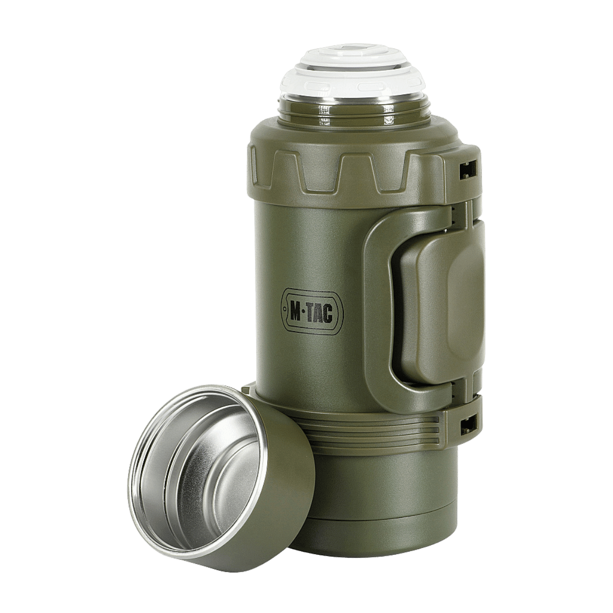 M-Tac Termoflaske 1,6 L i Rustfrit Stål til camping og udendørsbrug, vist med låg og vakuumforsegling. Ideel til drikkevarer.