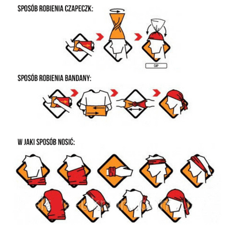 Illustration af forskellige måder at bære M-Tac Bomuld Tube Scarf, herunder som cap, bandana og flere typer hovedbeklædning.