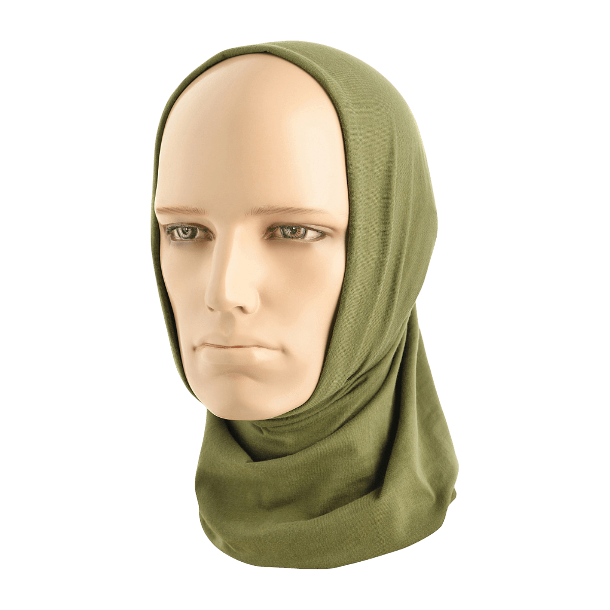 M-Tac Bomuld Tube Scarf i grøn på mannequin, multifunktionelt tilbehør til fritid og taktisk brug, 100% bomuld, hurtigttørrende.