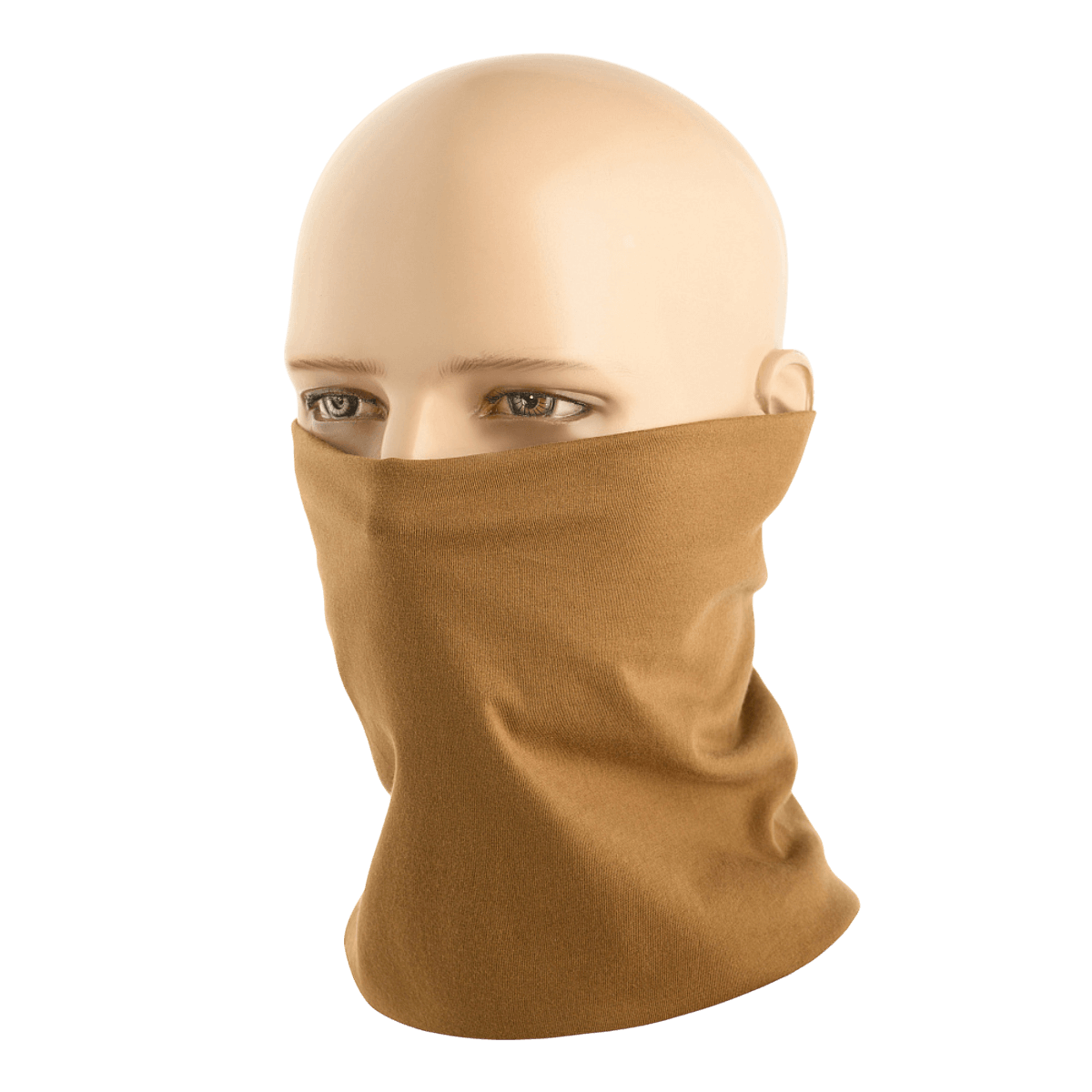 Mannequin iført en M-Tac Bomuld Tube Scarf i beige, multifunktionelt tilbehør til aktiv fritid og taktisk brug, lavet af 100% bomuld.