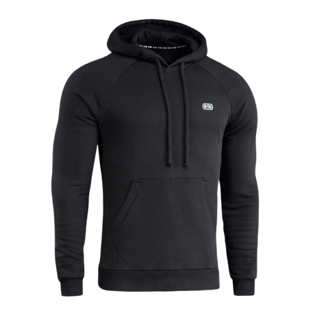 M-Tac Cotton Raglan Hard Hoodie i sort med kængurulomme og fleecefor, perfekt til efterår og vinter. Hætte og raglanærmer for komfort.