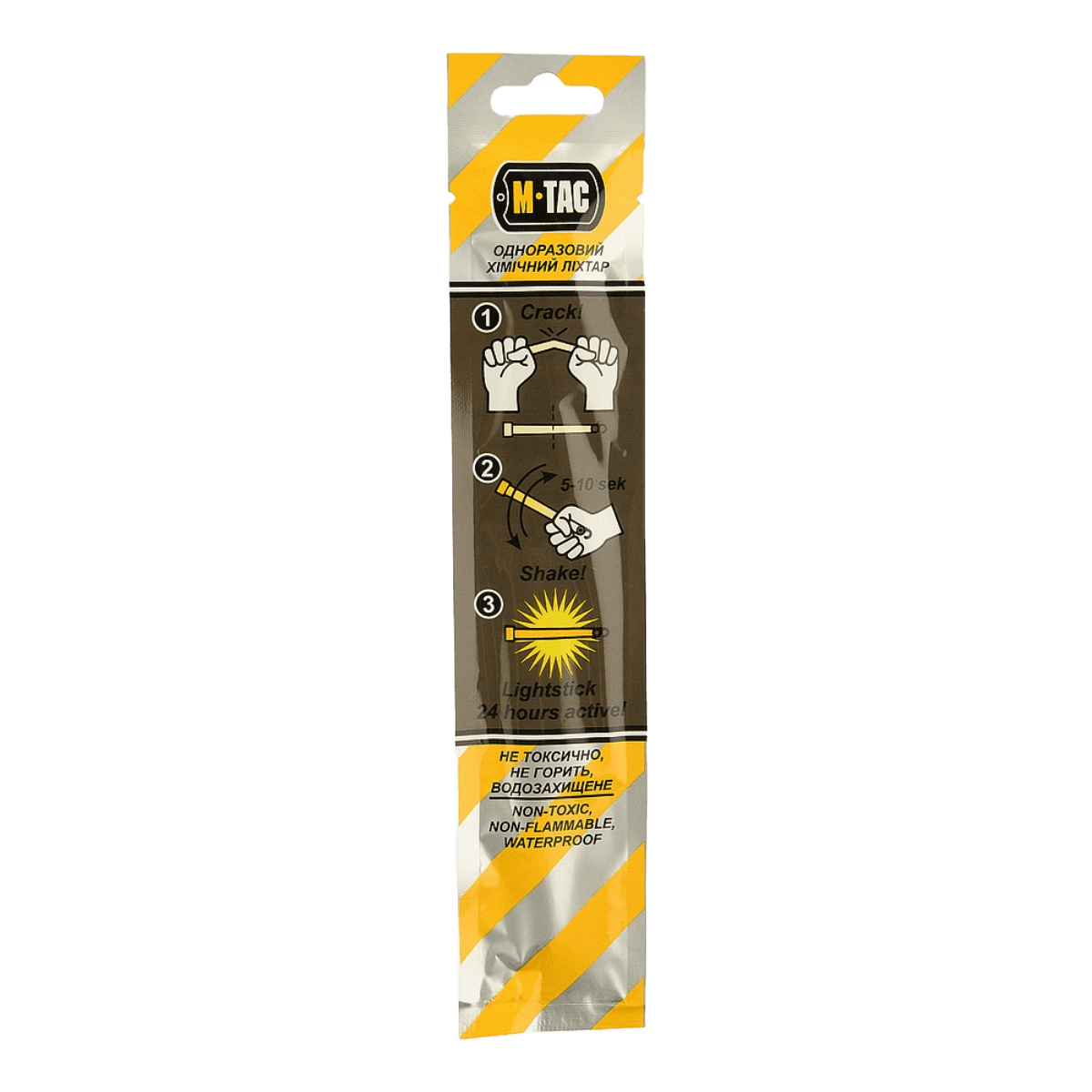 M-Tac Glow Stick 15 cm i emballage, viser instruktioner til brug, egnet til mørke områder, ikke-giftig og lang holdbarhed.