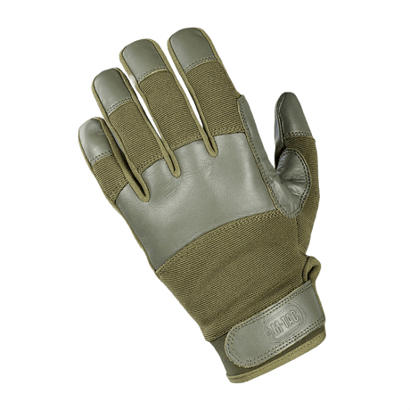Grøn M-Tac Handsker Police Gen.2 i læder og syntetisk materiale med Velcro-lukning, designet til taktisk brug og sikkerhed.