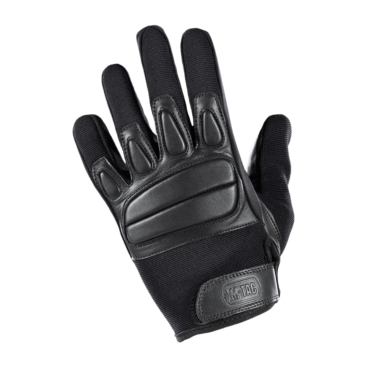 M-Tac Handsker Assault Tactical Mk.2 i sort læder med støddæmpende fingerindsatser og justerbar velcro, ideel til beskyttelse og komfort.