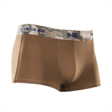 M-Tac Herre Boxer 93/7 i brun med camouflage elastik, anatomisk pasform, 93% bomuld, 7% elastan, velegnet til aktiv livsstil.