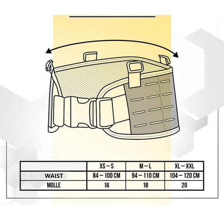 Størrelsesdiagram for M-Tac Krigsbælte Laser Cut med taljemål for XS-XXL og MOLLE specifikationer.