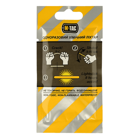M-Tac Light Sticks 4,5x40 mm (10 stk) emballage med instruktioner og mærkning, ikke-giftig og vandtæt design, op til 8 timers lys