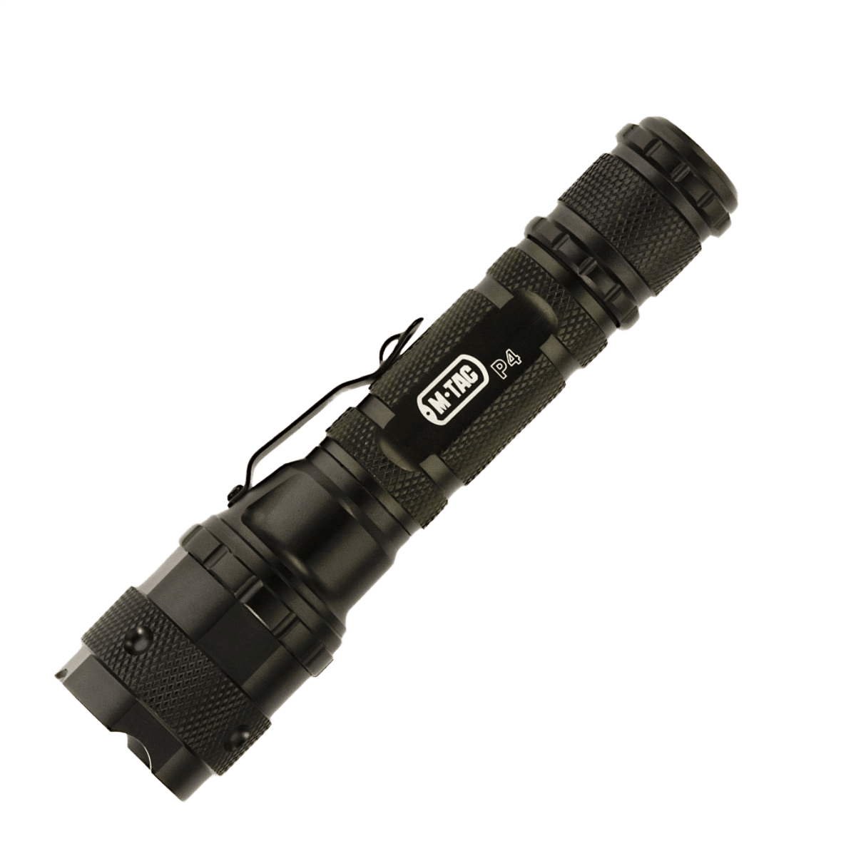 M-Tac Lommelygte P4, taktisk lommelygte med stærkt fokuseret LED-lys, holdbar aluminium konstruktion, ideel til udendørs og hverdagsbrug.