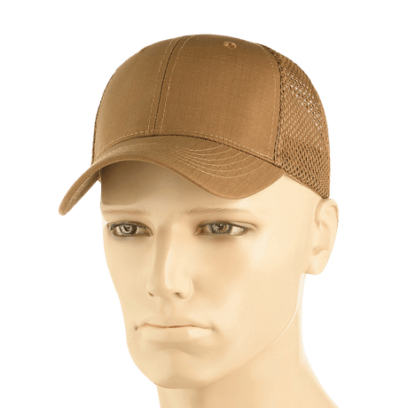 M-Tac Mesh Flex Ripstop Baseball Cap i brun med mesh panels, justerbar Velcro-strop, på mannequinhoved. Praktisk udendørskasket.