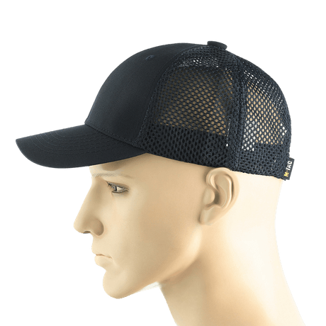 M-Tac Mesh Flex Ripstop Baseball Cap i sort med ventilationspaneler på hver side, set på en mannequinhoved. Praktisk og holdbar til udendørs brug.