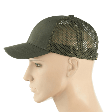 M-Tac Mesh Flex Ripstop Baseball Cap i grøn farve med mesh paneler for ventilation og justerbar Velcro-strop til udendørs brug.