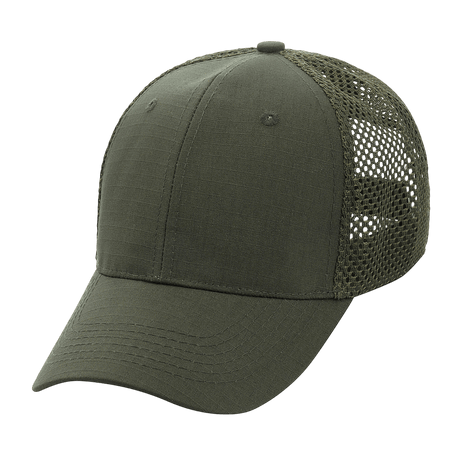 M-Tac Mesh Flex Ripstop Baseball Cap i olivengrøn med ripstop front og mesh-paneler, justerbar Velcro-strop, ideel til udendørs brug.