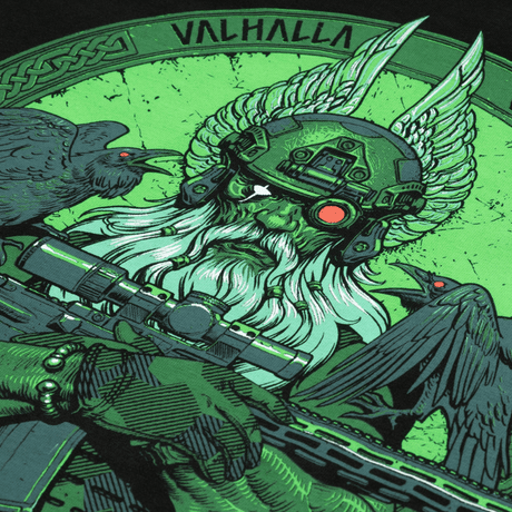 M-Tac T-Shirt Night Vision med Odin i moderne kampudstyr og NVG-hjelm med ravnene Hugin og Munin, printet "Valhalla" øverst.