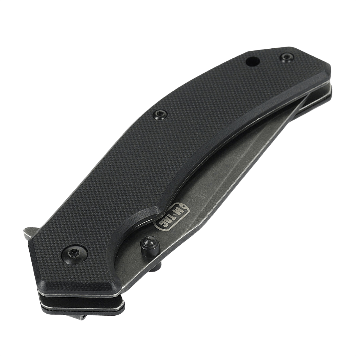 M-Tac Outdoor & Militær foldekniv - Type 8, sammenfoldet og klar til bæring, viser det ergonomiske sorte håndtag med en Clip Point-form klinge.