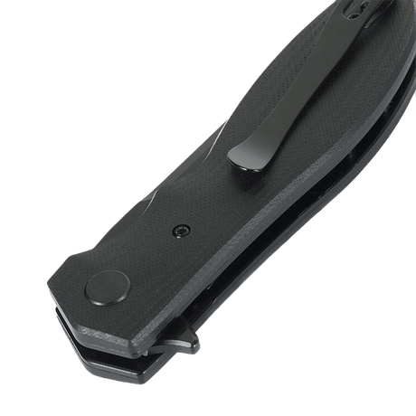 Sammenfoldet M-Tac Outdoor & Militær foldekniv - Type 6 med sorte G10 grebsflader, ideel til EDC brug.