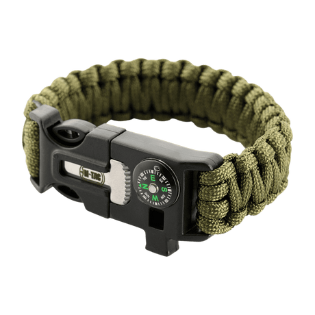 M-Tac Paracord Armbånd med Ildstarter, Kompas og Fløjte i olivengrøn, ideel til friluftsliv og overlevelse.