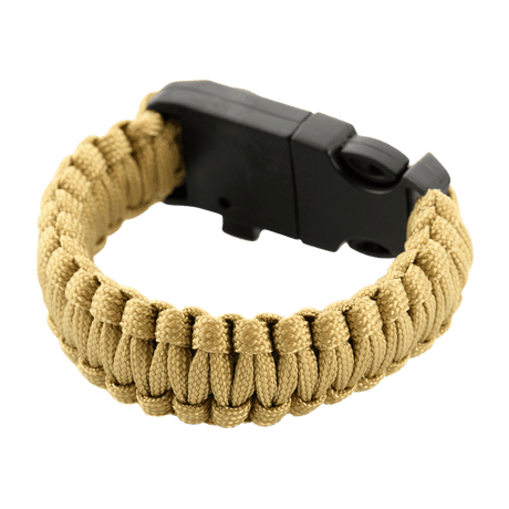 M-Tac Paracord Armbånd med Ildstarter, Kompas og Fløjte i beige, et overlevelsesarmbånd til friluftsliv og militærstil.