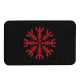 Alt Tag: M-Tac Patch Helm of Horror Vandret Laser Cut i Cordura 500D med ægishjálmur, sort med rød grafik, Velcro fastgørelse.