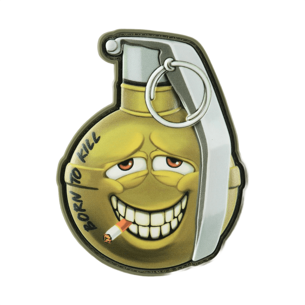 M-Tac Patch M67 Granat 3D PVC med humoristisk emoji og teksten 'Born to Kill'. Ideel til militærfans og taktisk udstyr.