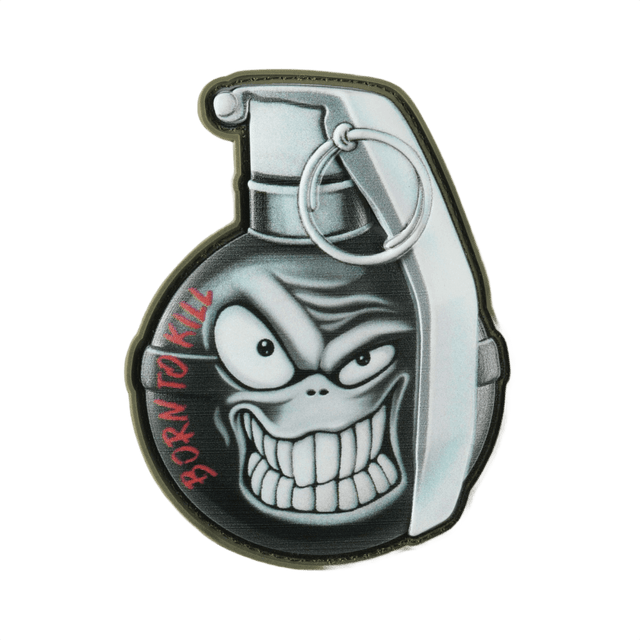 M-Tac Patch M67 Granat 3D PVC med humoristisk emoji og teksten 'Born to Kill', perfekt til taktisk udstyr, størrelse 8.8 x 6.8 cm