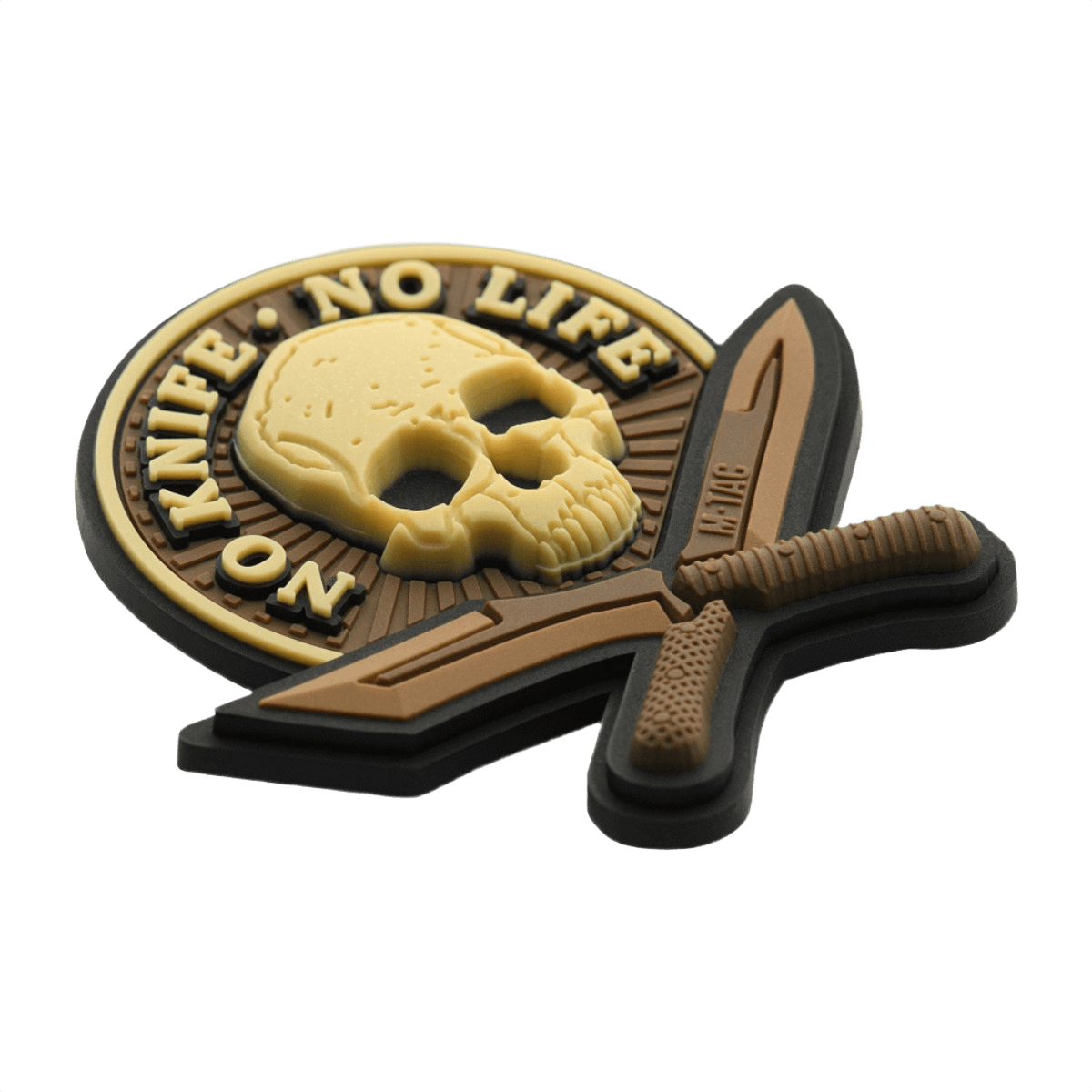 M-Tac Patch No Knife – No Life 3D PVC med kniv og kranie, Velcro bagside for fastgørelse, taktisk morale patch. Størrelse 50x50 mm.