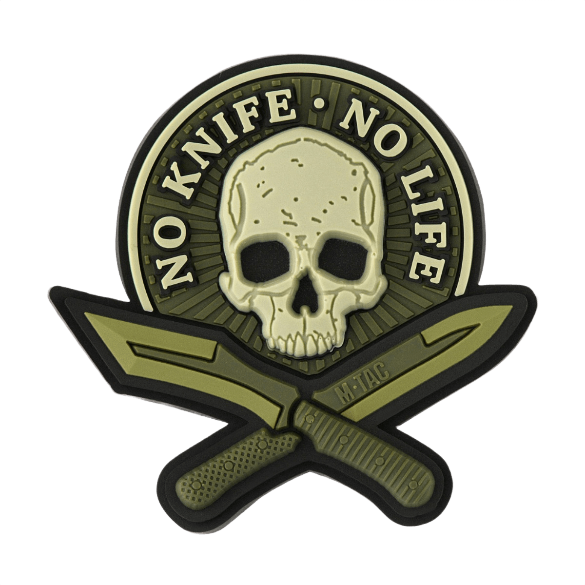 M-Tac Patch No Knife – No Life 3D PVC, taktisk morale patch med kranie og knive, gummi PVC med 3D-effekt, Velcro bagside, 50x50 mm