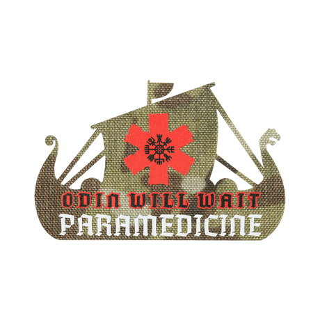 M-Tac Patch Viking Evac med Odin Will Wait tekst og paramedicinsymbol i rødt og hvidt. Perfekt til taktisk brug.