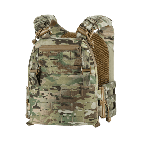 M-Tac Plate Carrier Cuirass FAST Elite Gen.II i camouflagemønster, designet til ESAPI Medium plader, med hurtiglåse og justerbare stropper.