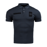 M-Tac Polo Elite Tactical Coolmax i mørkeblå, designet til politi og sikkerhedsarbejde, lavet af 50% polyester og 50% Coolmax® materialer.
