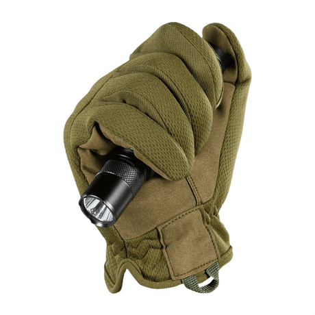 M-Tac Handsker Scout Tactical Mk.2 med lommelygte og syntetisk læder forstærkninger for holdbarhed og komfort.